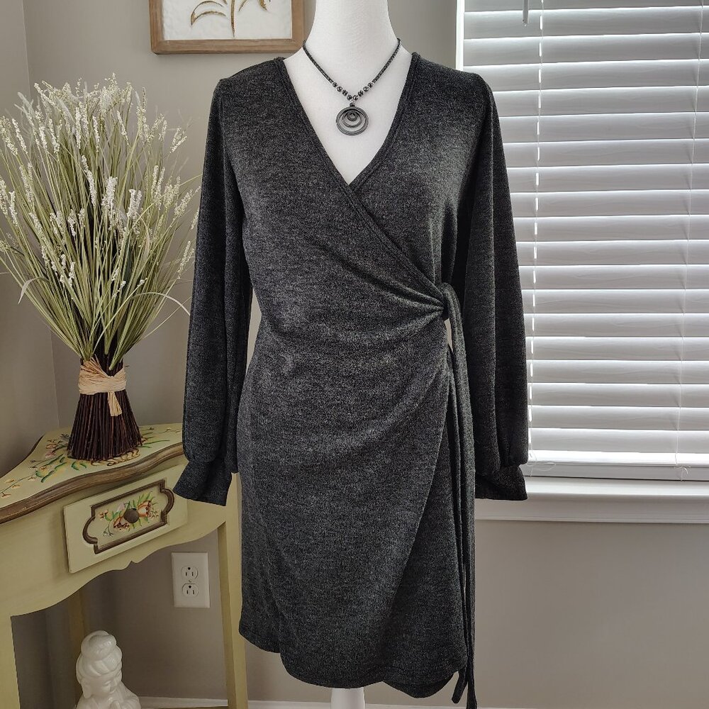 Doo B Doo - Grey Wrap Dress -  V Neck - Long Sleeves - Warm - Small